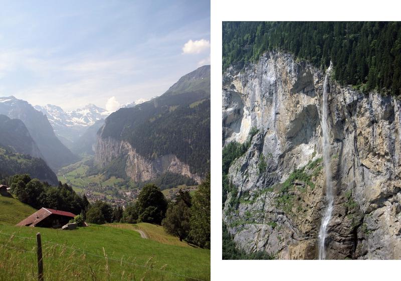 U-shaped valley, with hanging valleys and waterfall in Switzerland